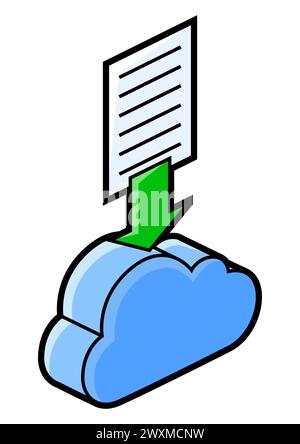 Cloud and paper icon in isometry. Uploading information and files. Image for website, app, logo, UI design. Stock Vector