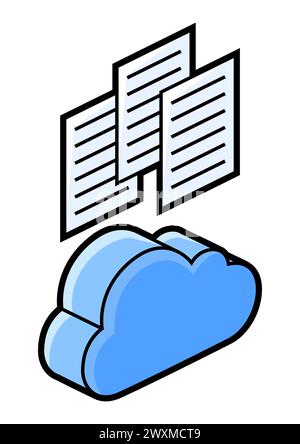 Cloud and paper icon in isometry. Storage of information and files. Image for website, app, logo, UI design. Stock Vector