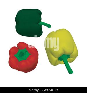 Set of Pepper logo template icon vector illustration. Polygonal model with bell peppers. Set bell pepper isolated on white. Vector illustration. 3D. Stock Vector