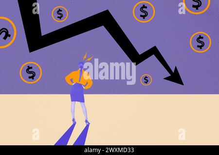 Creative composite photo collage of dissatisfied strict woman watch as her investments falling down isolated on drawing background Stock Photo