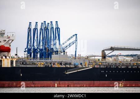 Gothenburg, Sweden - February 11 2024: Details of an oil tanker unloading Stock Photo