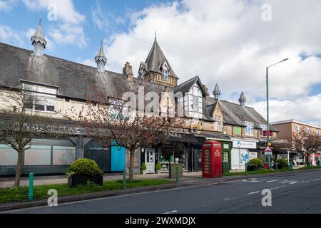 Sunningdale Berkshire village view: Shops and businesses along Chobham Road, England, UK Stock Photo