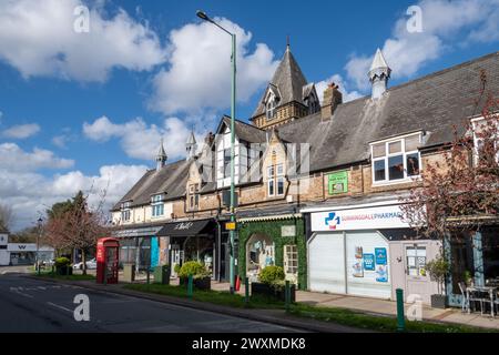 Sunningdale Berkshire village view: Shops and businesses along Chobham Road, England, UK Stock Photo