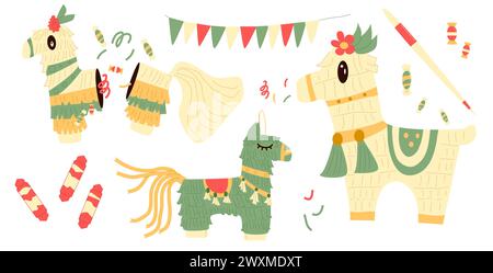 Pinana horse set for traditional mexican party. Carnival and birthday various toy for celebration childish game. Vector flat illustration isolated on Stock Vector