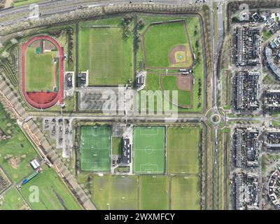 Aerial drone top down view on sports field, amateur sports grounds. Birds eye top down overview. Recreation leisure and health lifestyle. The Netherla Stock Photo