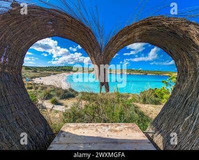 Areal drone view of Arenal de Son Saura beach in summer sunny day at Menorca island, Spain Stock Photo