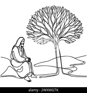 One Solid Line Depicts Jesus Christ Sitting Under A Tree. Isolated 