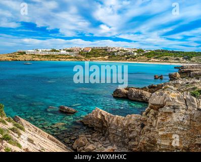 Areal drone view of Arenal de Son Saura beach in summer sunny day at Menorca island, Spain Stock Photo