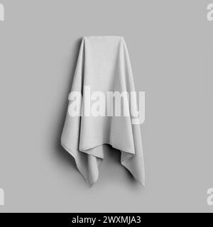 Mockup of white terry towel on towelling, shaggy fabric hanging on a hanger, isolated on background with shadows. Template of a stylish large bath clo Stock Photo