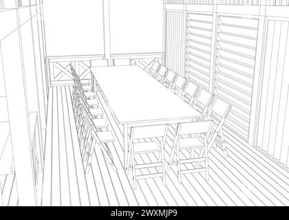 Gazebo outline. Black contour linear silhouette. Isometric view. Contour of a summerhouse with benches, a table and a roof. Vector illustration. 3D. Stock Vector