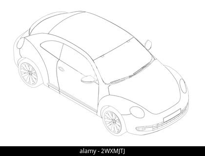Beetle car - vector illustration Outline. Car vehicle beetle isolated icon vector illustration design. Isometric view. 3D. Stock Vector