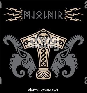 Viking Design. Ancient Scandinavian depiction of the Hammer of Thor and the head of the Two Goats Stock Vector