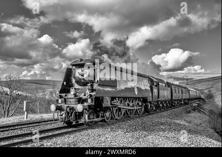 The image is of the Battle of Britain Class 4-6-2 #34067 Tangmere steam train after crossing the Dent Head viaduct in the Yorkshire Dales Stock Photo