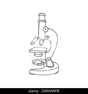 Hand-drawn lab microscope to magnify bacteria size under the lens. Isolated simple vector illustration in doodle style. Stock Vector
