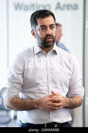 First Minister of Scotland Humza Yousaf during a visit to visit the National Treatment Centre at Victoria Hospital in Kirkcaldy, Fife, for the announcement of an investment to reduce waiting times. Picture date: Monday April 1, 2024. Stock Photo