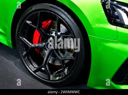 Car alloy wheel and disc-brake sport car Stock Photo