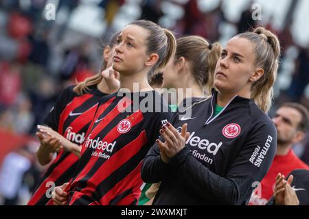 Munich, Germany. 31 March, 2024. Anna Aehling (Eintracht Frankfurt, 24) and Cara Bösl (Eintracht Frankfurt, 26) After match ; DFB-Pokal Frauen - Game FC Bayern München against Eintracht Frankfurt am 31.03.24  in München (FC Bayern Campus, München, Germany) - DFB/DFL REGULATIONS PROHIBIT ANY USE OF PHOTOGRAPHS AS IMAGE SEQUENCES AND/OR QUASI-VIDEO - Credit: Tim Bruenjes/Alamy Stock Photo