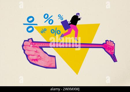 Composite trend artwork sketch image 3d photo collage of huge hands stretch ruler tape measure rich shopaholic client run into black friday big sale Stock Photo