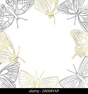 Butterfly golden foil art banner frame. Insect butterfly for card or invitations, scrapbook. Vector background hand drawn illustration, isolate on whi Stock Vector