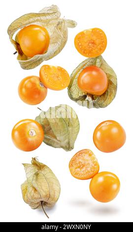 Levitating ripe physalis or golden berry fruits on white background. File contains clipping paths. Stock Photo