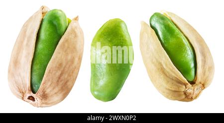 Three pistachio seeds on white background. File contains clipping path. Stock Photo