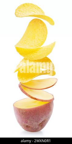 Raw potato cut on slices which are turning into delicious potato chips. Conceptual picture. Stock Photo