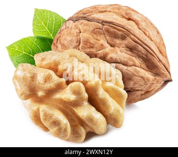 Whole walnut and walnut kernel  with leaves isolated on white background. Stock Photo
