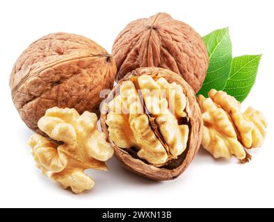 Whole walnut and walnut kernels with leaves isolated on white background. Stock Photo