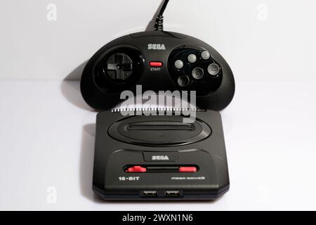 Newcastle UK: 21st Jan 2024: A closeup of a Sega Mega Drive II mini console. Retro gaming. Megadrive Stock Photo