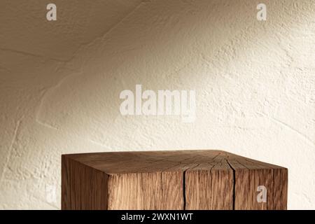 Rustic Wooden Block Placed Against Textured Stone Wall In Natural Light Stock Photo