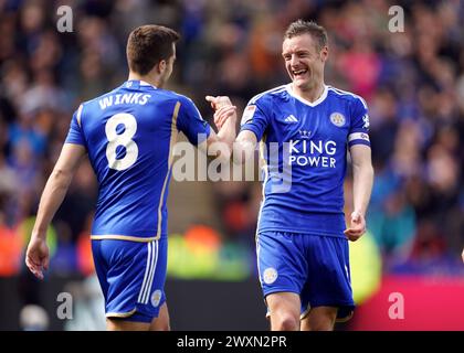 Leicester City's Jamie Vardy celebrates scoring their side's third goal of the game with team-mate Harry Winks during the Sky Bet Championship match at the King Power Stadium, Leicester. Picture date: Monday April 1, 2024. Stock Photo