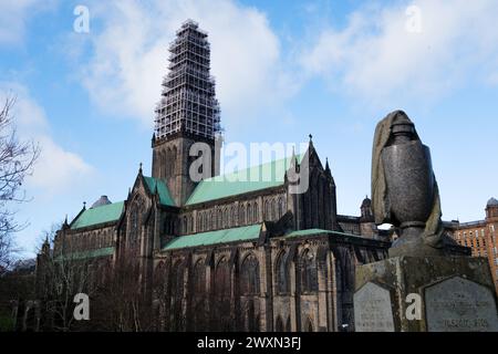 Glasgow Scotland: 12th Feb 2024: Glasgow city skyline with cathedral view from Necropolis. Glasgow Cathedral undergoing restoration Stock Photo