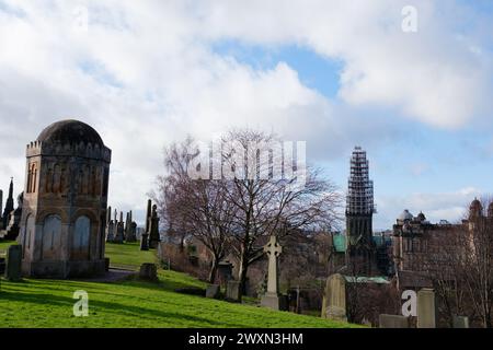 Glasgow Scotland: 12th Feb 2024: Glasgow city skyline with cathedral view from Necropolis. Glasgow Cathedral undergoing restoration Stock Photo