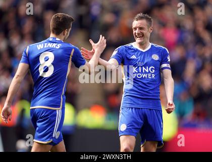 Leicester City's Jamie Vardy celebrates scoring their side's third goal of the game with team-mate Harry Winks during the Sky Bet Championship match at the King Power Stadium, Leicester. Picture date: Monday April 1, 2024. Stock Photo