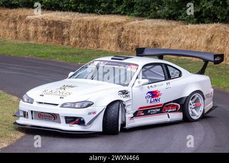 Kevin Quinn in his 2000 Nissan Silvia S15 700bhp drift car at the 2023 Goodwood Festival of Speed, Sussex, UK. Stock Photo