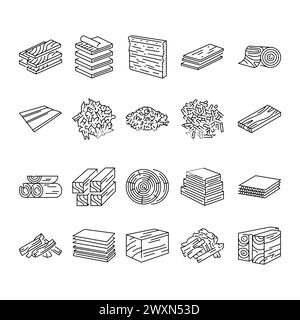 Wooden production line black icons set. Signs for web page, mobile app, button, logo. Vector isolated button. Editable stroke. Stock Vector