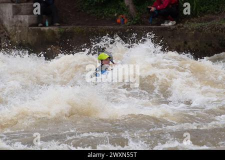 Maidenhead, Berkshire, UK. 1st April, 2024. Adrenaline junkies were out kayaking on the River Thames today at Boulter's Weir in Maidenhead, Berkshire. Thames Water has been discharging sewage along many parts of the River Thames over the past few days meaning those using the River Thames for leisure purposes could be putting their health at risk. Kayaking is now an Olympic sporting category. Credit: Maureen McLean/Alamy Live News Stock Photo