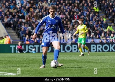 Leicester on Monday 1st April 2024. Leicester City's Callum Doyle during the second half of the Sky Bet Championship match between Leicester City and Norwich City at the King Power Stadium, Leicester on Monday 1st April 2024. (Photo: John Cripps | MI News) Credit: MI News & Sport /Alamy Live News Stock Photo