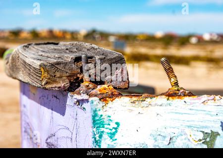Closeup of two rusty screws and a piece of wood on edge of boat hull against blurred background, peeling purple, green and white paint, sunny day on M Stock Photo