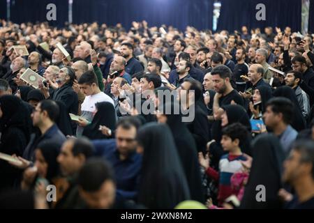 Tehran, Iran. 01st Apr, 2024. Shiite worshipers attend Laylat al-Qadr, or the Night of Destiny during the holy Islamic month of Ramadan, in Tehran, Iran, Sunday, April 01, 2024. (Photo by Sobhan Farajvan/Pacific Press) Credit: Pacific Press Media Production Corp./Alamy Live News Stock Photo