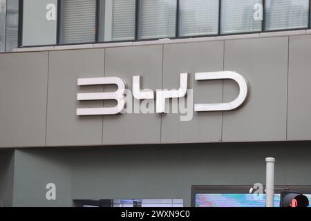 BYD auto showroom in Kowloon bay, Hong kong have been open on November 2023. BYD is one of publicly listed Chinese multinational conglomerate manufacturing company headquart Stock Photo