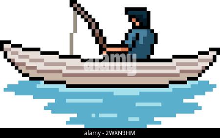 pixel art of fishing paddle boat isolated background Stock Vector