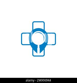 Medical cross pin map finder logo design vector. Medical hospital icon and magnifying glass logo design in negatve space Stock Vector