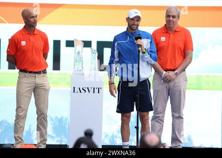 MIAMI GARDENS, FLORIDA - MARCH 31: Grigor Dimitrov from Bulgaria poses with the Miami Open men's trophy at Hard Rock Stadium on March 31, 2024 in Miami Gardens, Florida. Credit hoo-me.com/MediaPunch Stock Photo