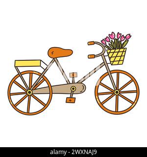Elegant city bicycle with basket of tulips. Useful transportation. Colorful vector isolated illustration hand drawn doodle. Bicycle day. Sports transp Stock Vector