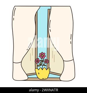 Flower pot on window sill, continuous line art illustration of plant on ...