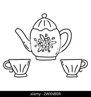 Tea set. Two cups of tea and teapot with flowers print. Beautiful decorated service, vintage crockery. Black and white vector isolated illustration ha Stock Vector