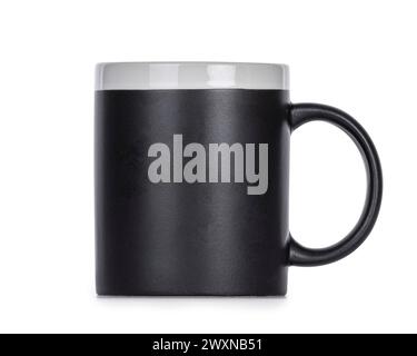 Side view of black coffee mug, standing on eye level. isolated on a white background. Stock Photo