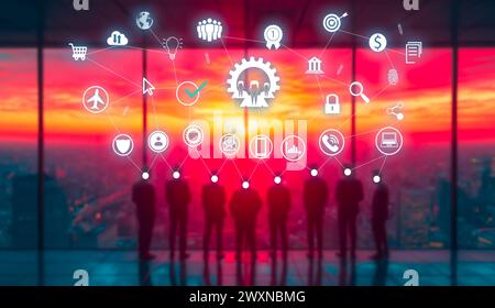 concept: young entrepreneurs brainstorm. Business web banner. management icons, ideas, leadership, team, strategy, process, goals, implementation. Stock Photo