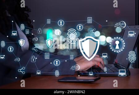 data protection and cybersecurity concept, protection of documents, commercial and financial transactions against cyber-attacks, encryption of executi Stock Photo